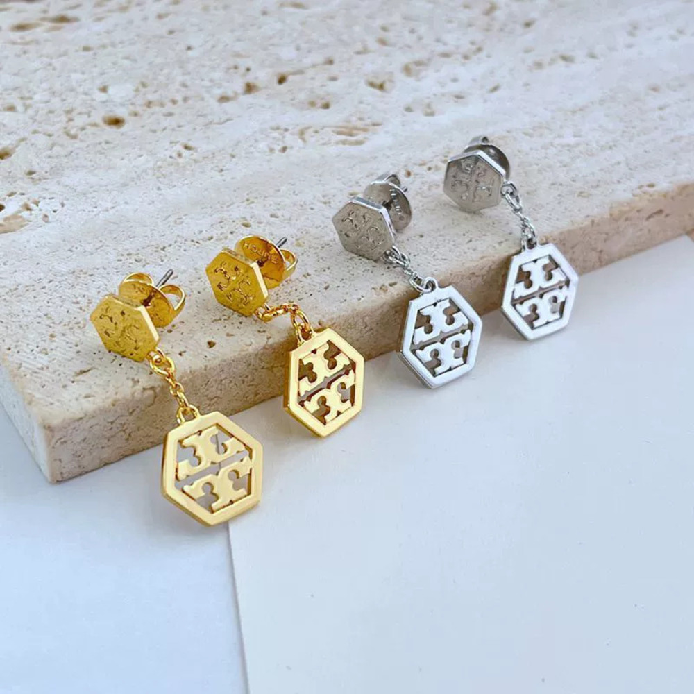 Tory Burch Hollow Pentagon Letter Metal Drop Earrings